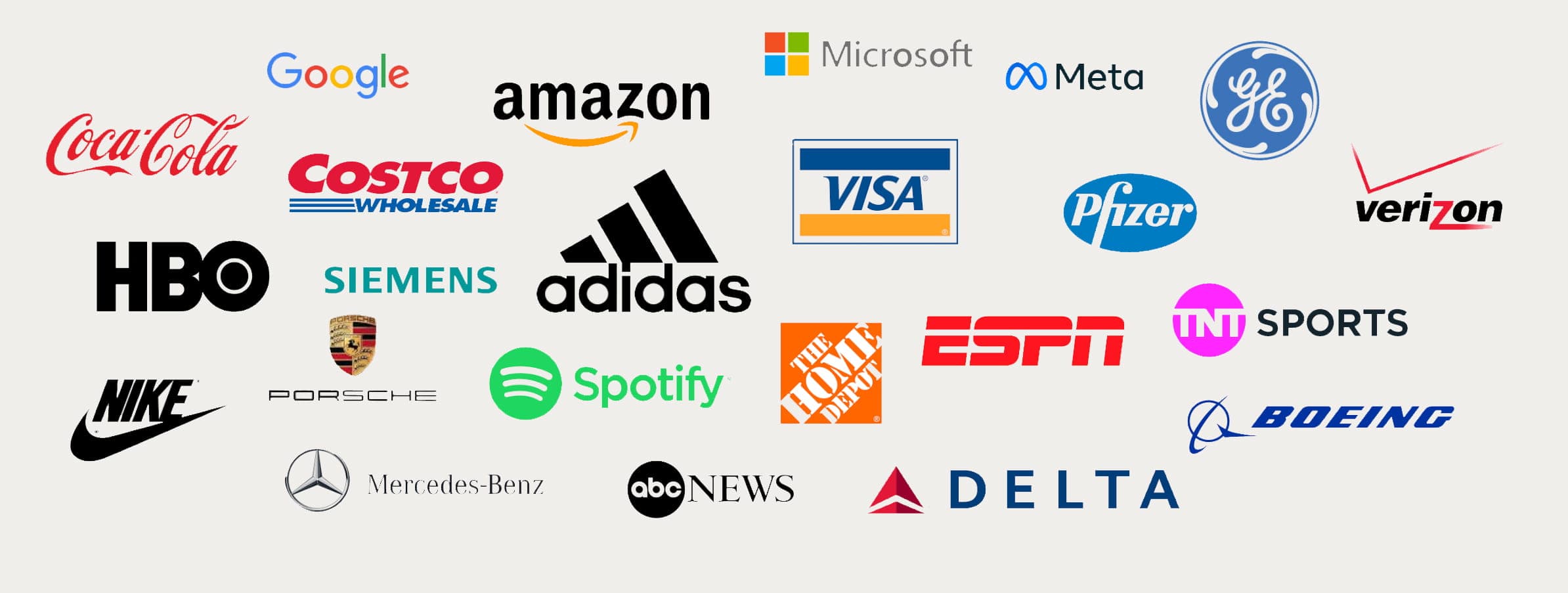 Logos of the brands that have trusted Terminus 330 | Coca-Cola | Google | Amazon | Microsoft | Meta | GE (General Electric) | Costco Wholesale | Visa | Pfizer | Verizon | HBO | Siemens | Adidas | Nike | Porsche | Spotify | The Home Depot | ESPN | TNT Sports | Boeing | Mercedes-Benz | ABC News | Delta