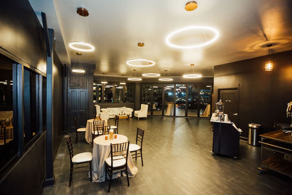 Evening event setup in the rooftop interior