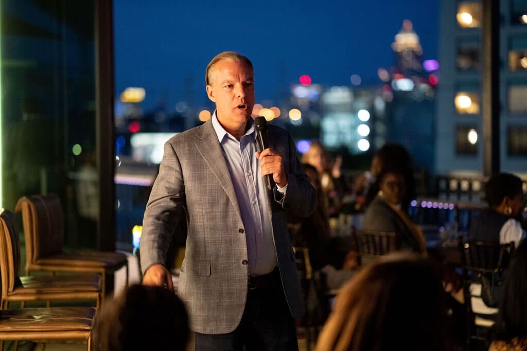 Man giving speech on the Rooftop Terrace